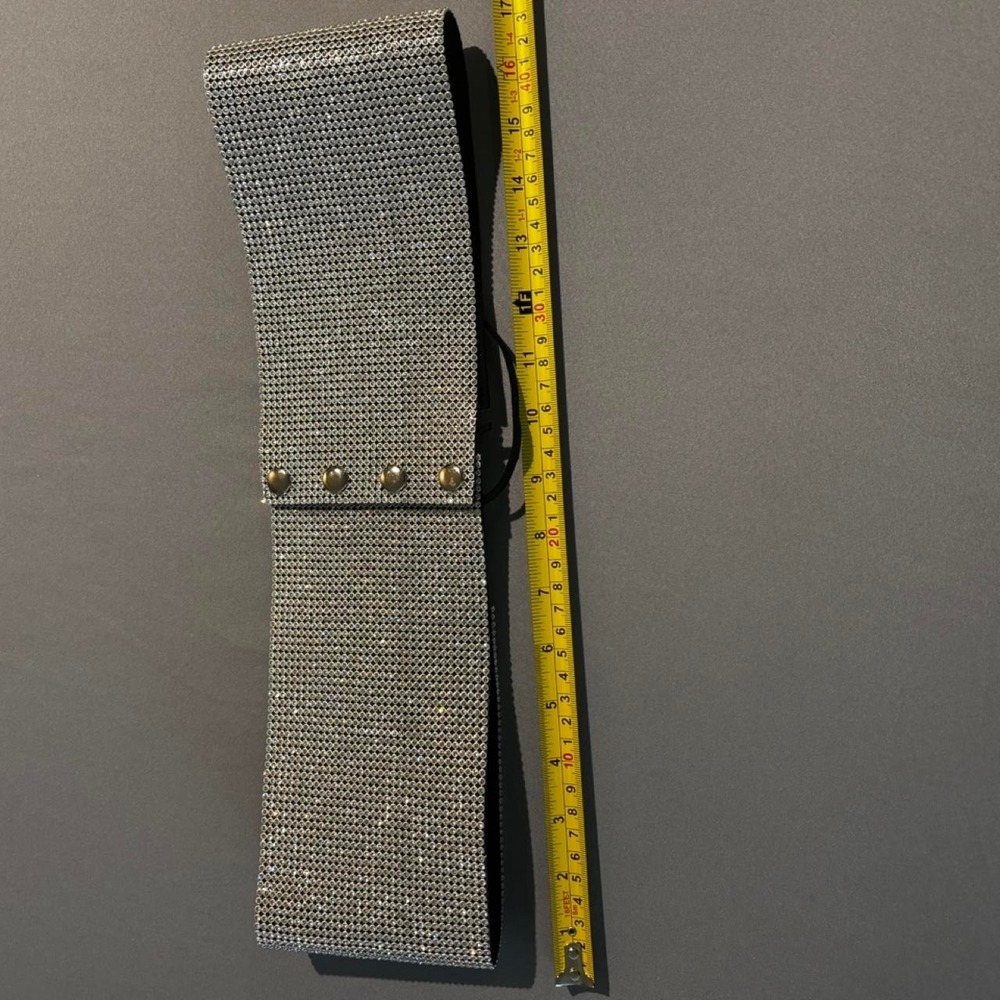 Silver rhinestone mesh belt with black lace-up detail